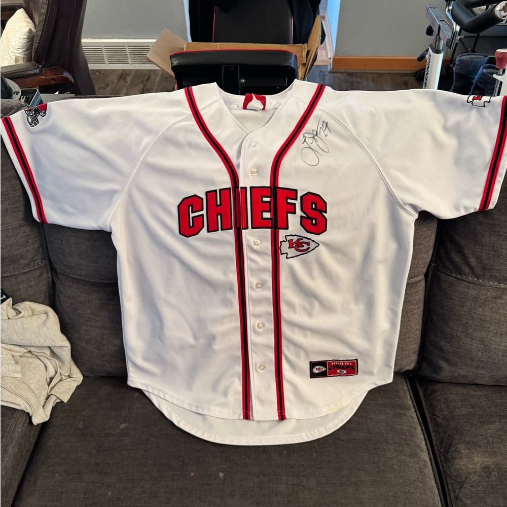 Nfl Baseball style KC Chiefs jersey autographed by Larry Johnson
